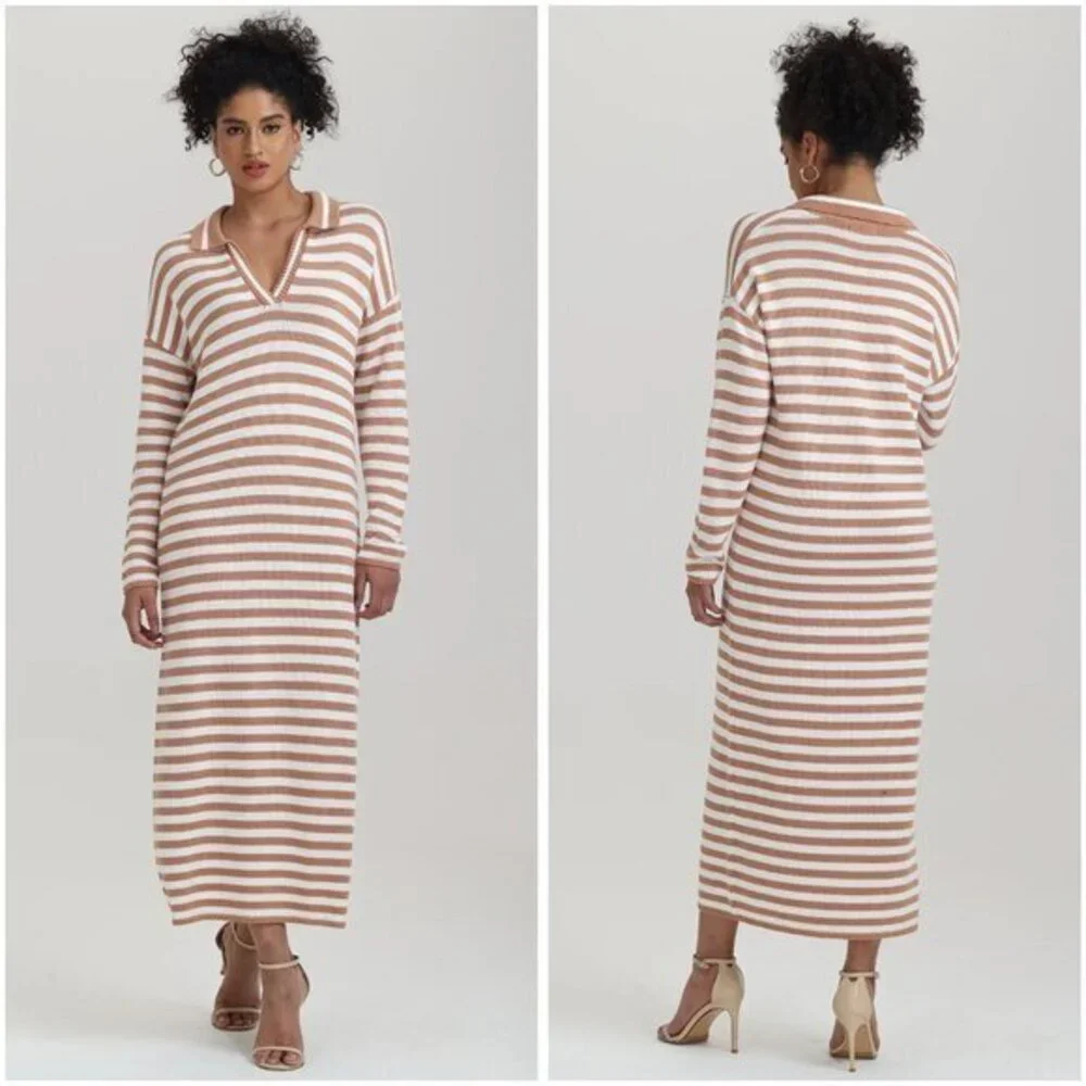 525 America Raya Stripe Polo Knit Sweater Dress in Walnut Multi Size M LIKE NEW